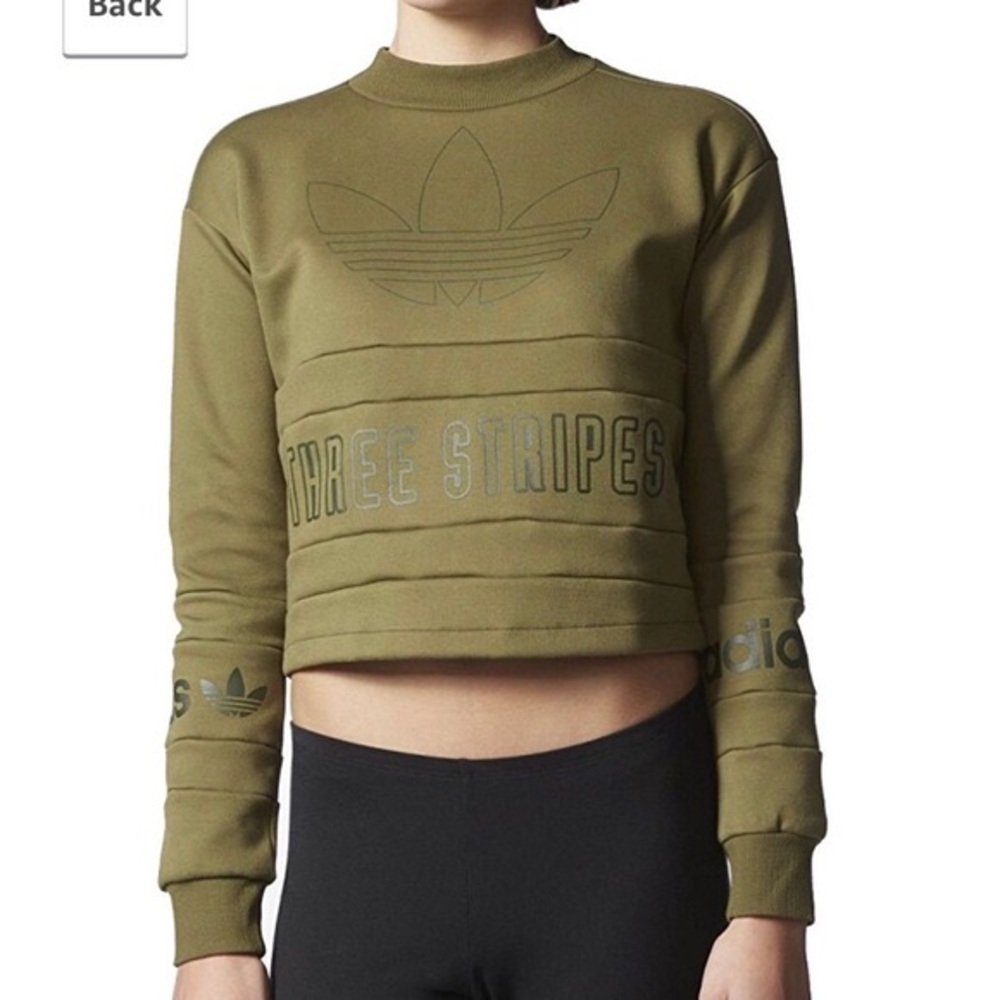 Olive green cropped Adidas three stripes crew neck